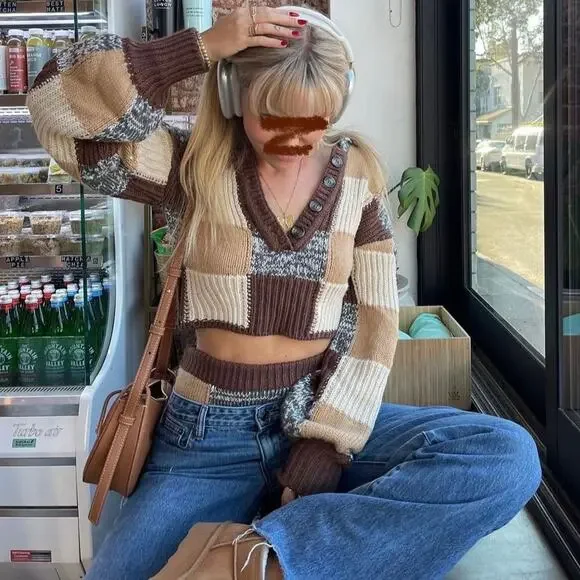 For love and lemons checker print Knit Sweater crop top - Picture 4 of 8